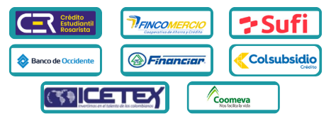 Logotipos de entidades financieras que ofrecen financiación estudiantil: Crédito Estudiantil Rosarista, Fincomercio, Sufi, Banco de Occidente, Financiar, Colsubsidio, ICETEX y Coomeva.